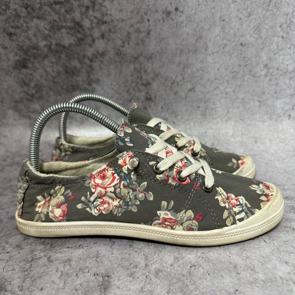 SO Redwood Sneakers Womens 7.5 Gray Floral Canvas Slip On Lace Up Shoes